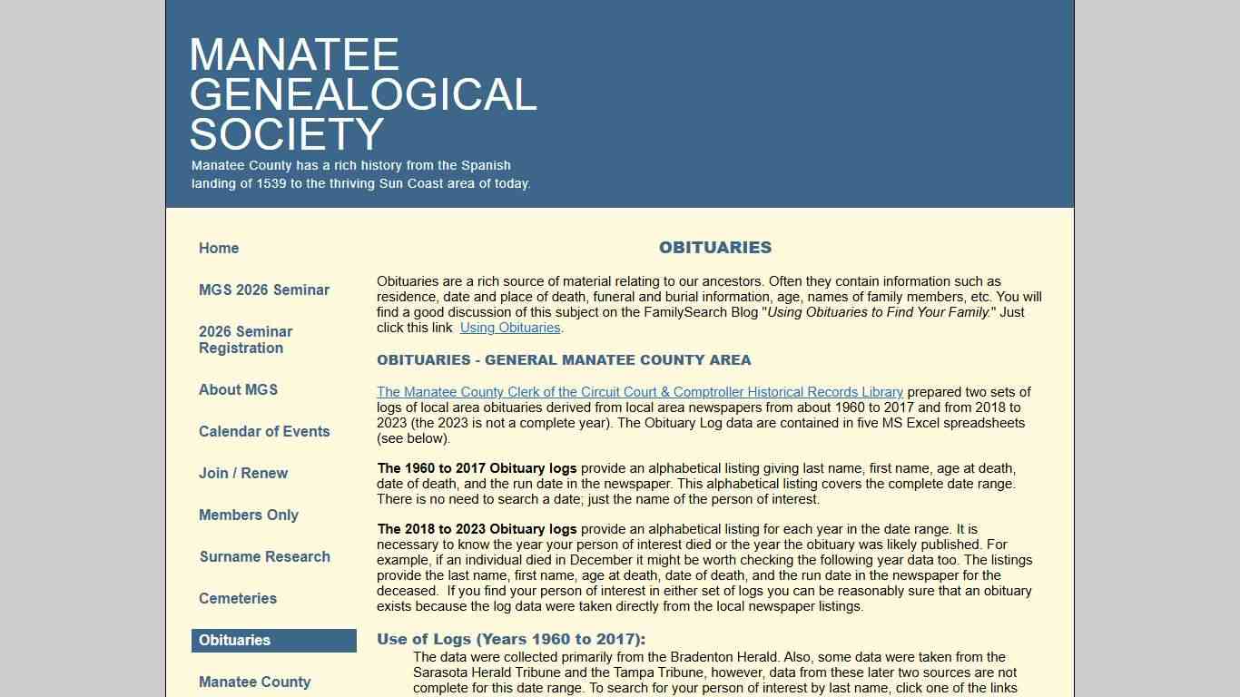 Manatee Genealogical Society - Obituaries